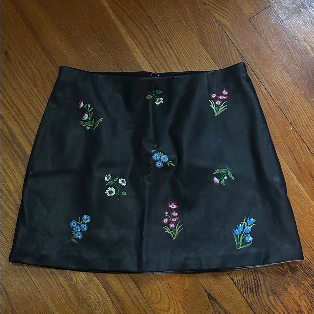 Express Black Faux Leather Mini Skirt with Colorful Floral Details